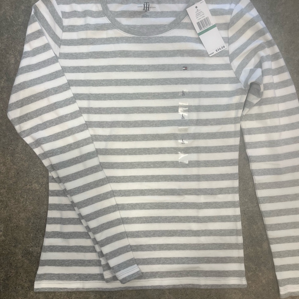 Tommy Hilfiger Gray and White Striped Long Sleeve Tee